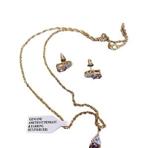 Amethyst Earring/Necklace Set, Pierced, Gold-Tone w/Diamond Acce…